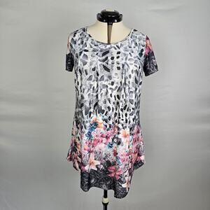 Simply Aster Dress Women's M Black White Pink Floral Short Sleeve Knee NWT